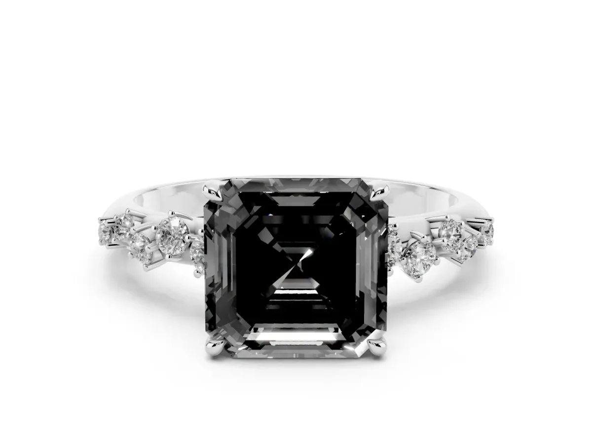 Fancy Black Asscher Cut Diamond Cluster Side Stone Solitaire Ring with Prong Setting Silver