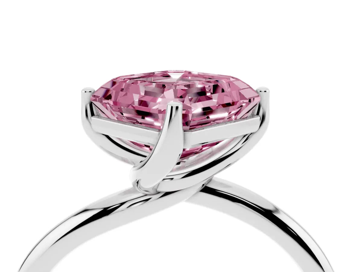 Fancy Pink Asscher Cut Diamond Solitaire Engagement Ring with Four-Prong Setting and Classic Band Platinum