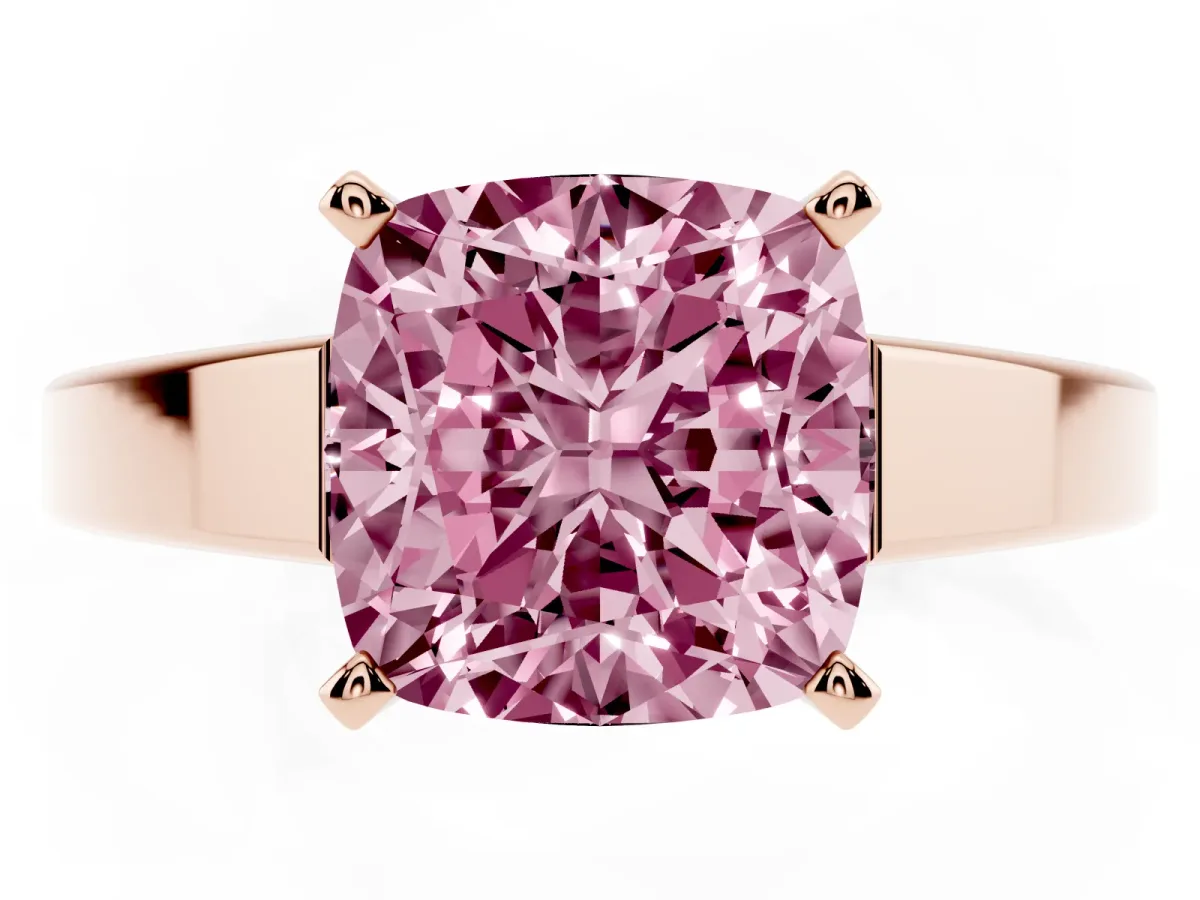 Fancy Pink Cushion Cut Solitaire Engagement Ring with Four-Prong Setting and Tapered Band Rose gold