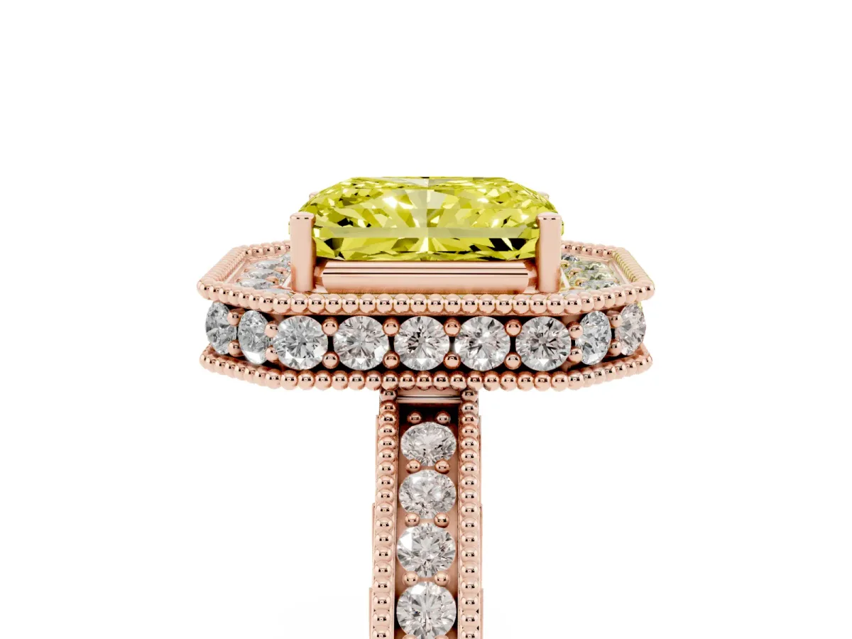 Fancy Yellow Radiant Cut Diamond Milgrain Halo Engagement Ring with Round Pavé Band and Prong Setting Rose gold