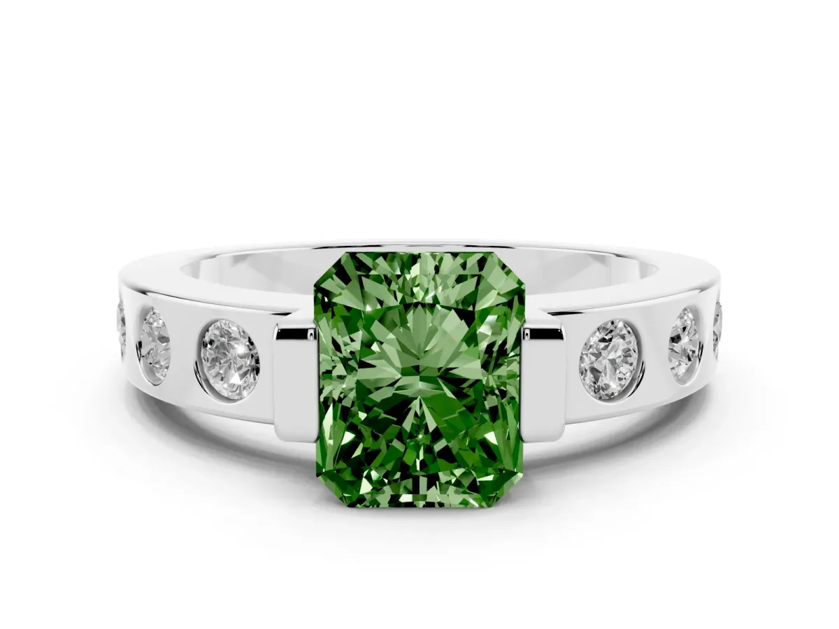 Fancy Green Radiant Cut Brilliant Channel-Set Diamond Ring with Bezel Prong Setting Silver