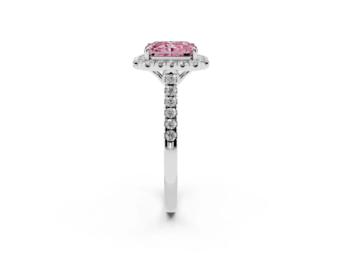Fancy Pink Radiant Cut Halo Pavé Diamond Engagement Ring with Four-Prong Setting Silver