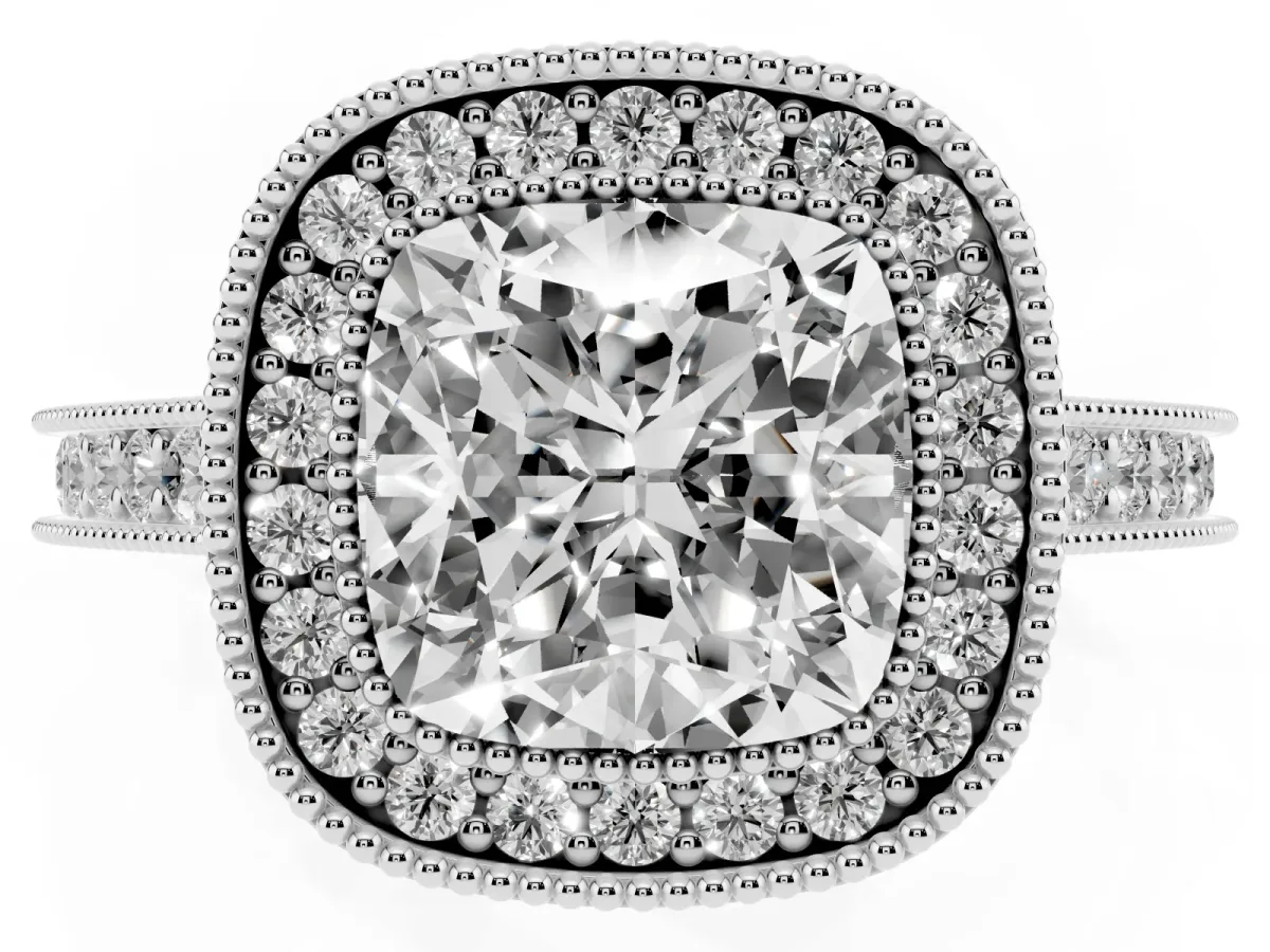 Halo Cushion Cut-Cut Diamond Pave Band Milgrain Prong Setting Ring Silver
