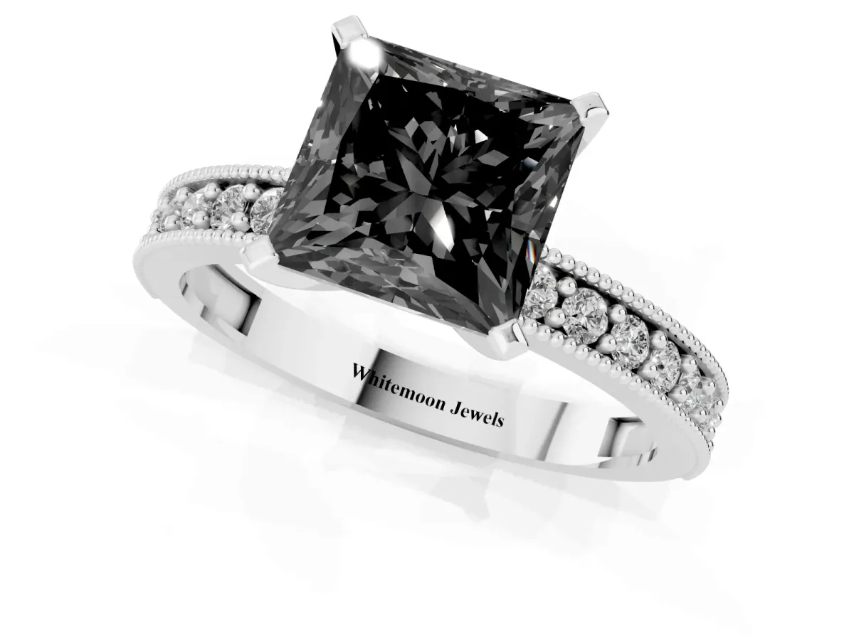 Fancy Black Princess Cut Diamond Milgrain Pavé Engagement Ring with Four-Prong Setting Silver