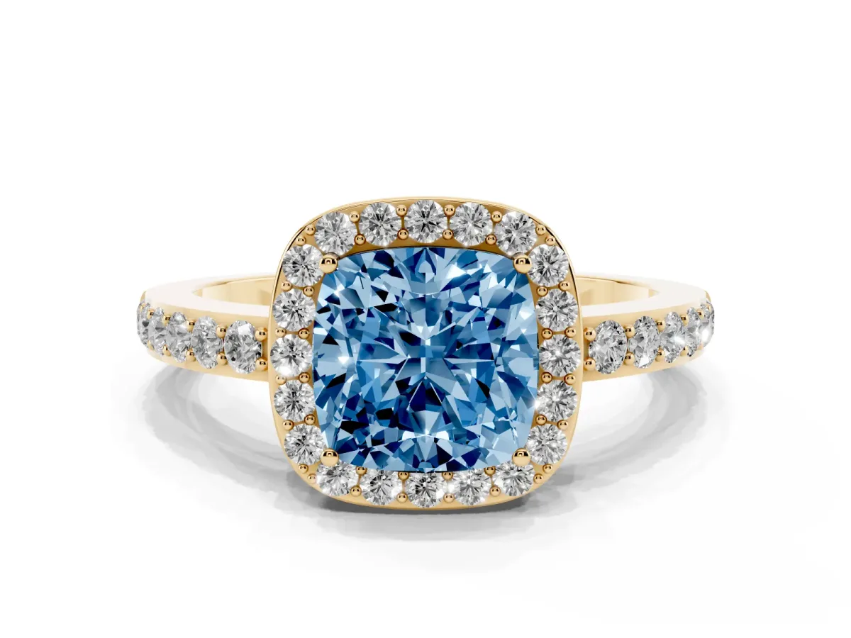 Fancy Blue Cushion Cut Halo Diamond Pavé Band Ring with Prong Setting Yellow gold