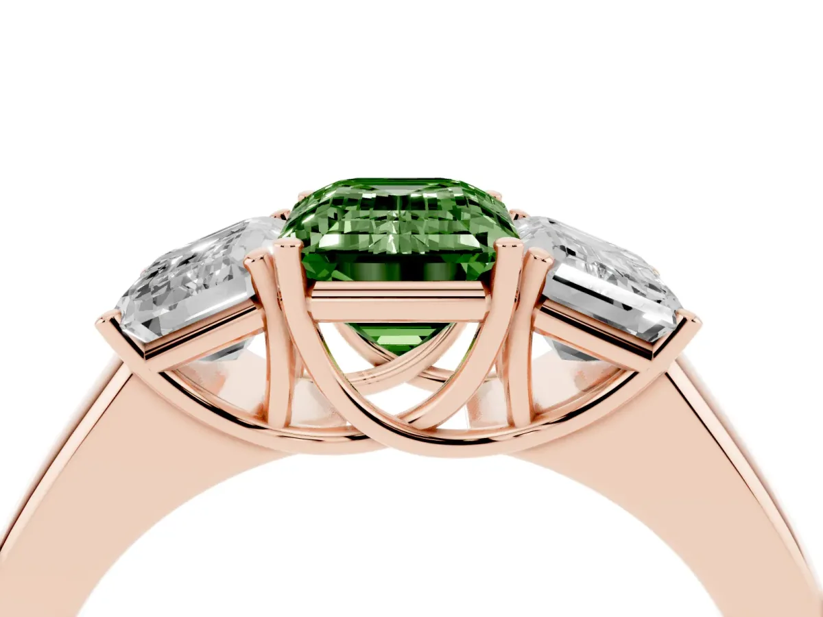 Fancy Green Three-Stone Emerald Cut Cut Diamond Ring with Prong Setting and Classic Band Rose gold
