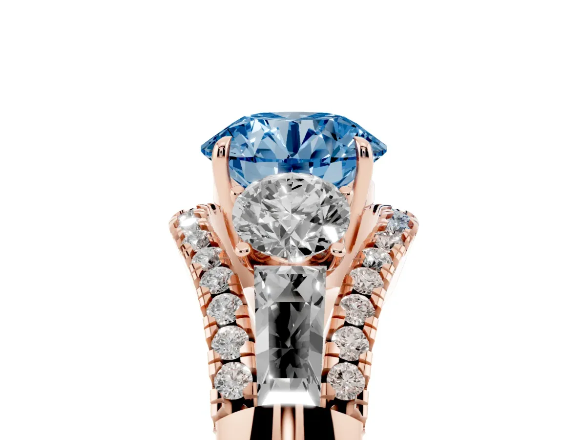 Fancy Blue Three-Stone Round Cut Diamond Engagement Ring with Pave Band and Prong Setting Rose gold