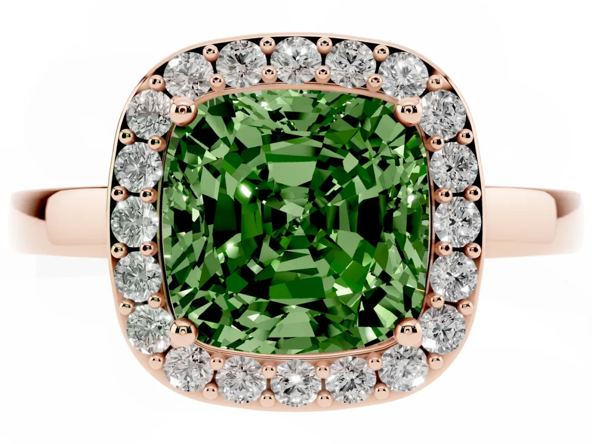 Fancy Green Cushion Cut Halo Diamond Ring with Solitaire Band and Prong Setting Rose gold