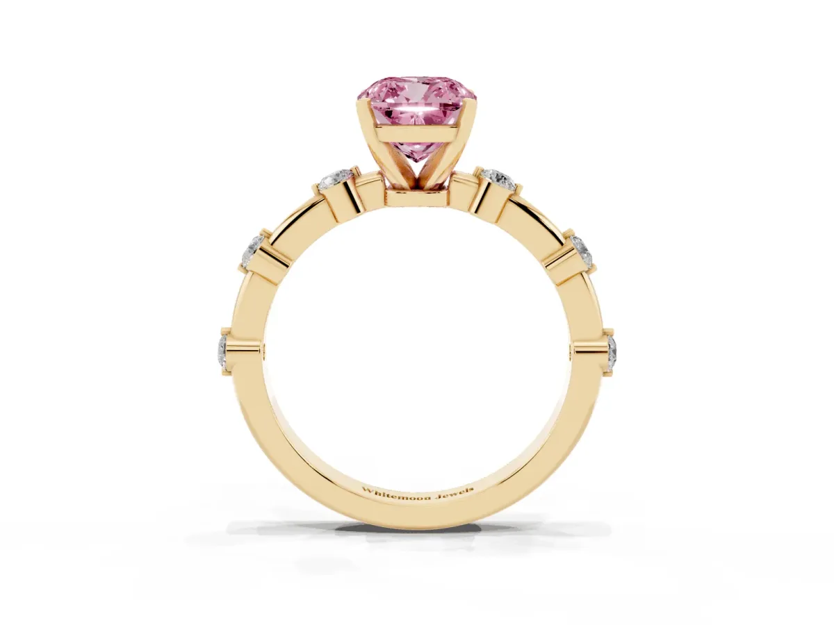 Fancy Pink Cushion Cut Solitaire Diamond Ring with Bezel Set Side Stones and Prong Setting Yellow gold