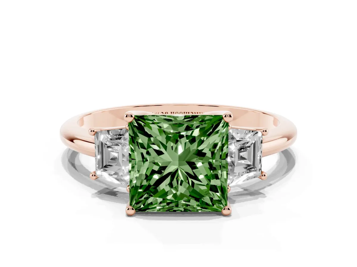 Fancy Green Princess Cut Diamond Three-Stone Ring with Trapezoid Side Stones and Prong Setting Rose gold