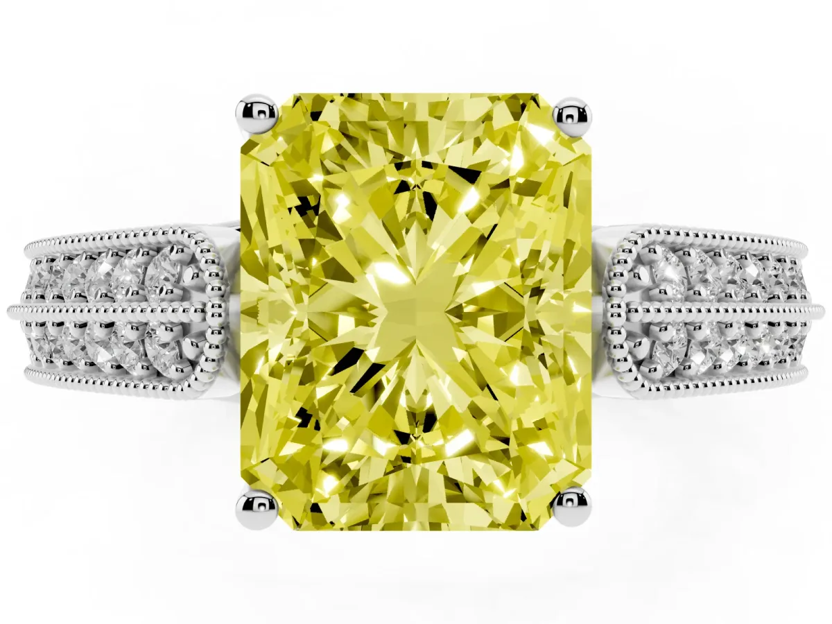 Fancy Yellow Radiant Cut Cut Pave Split Shank Engagement Ring with Four-Prong Setting Platinum