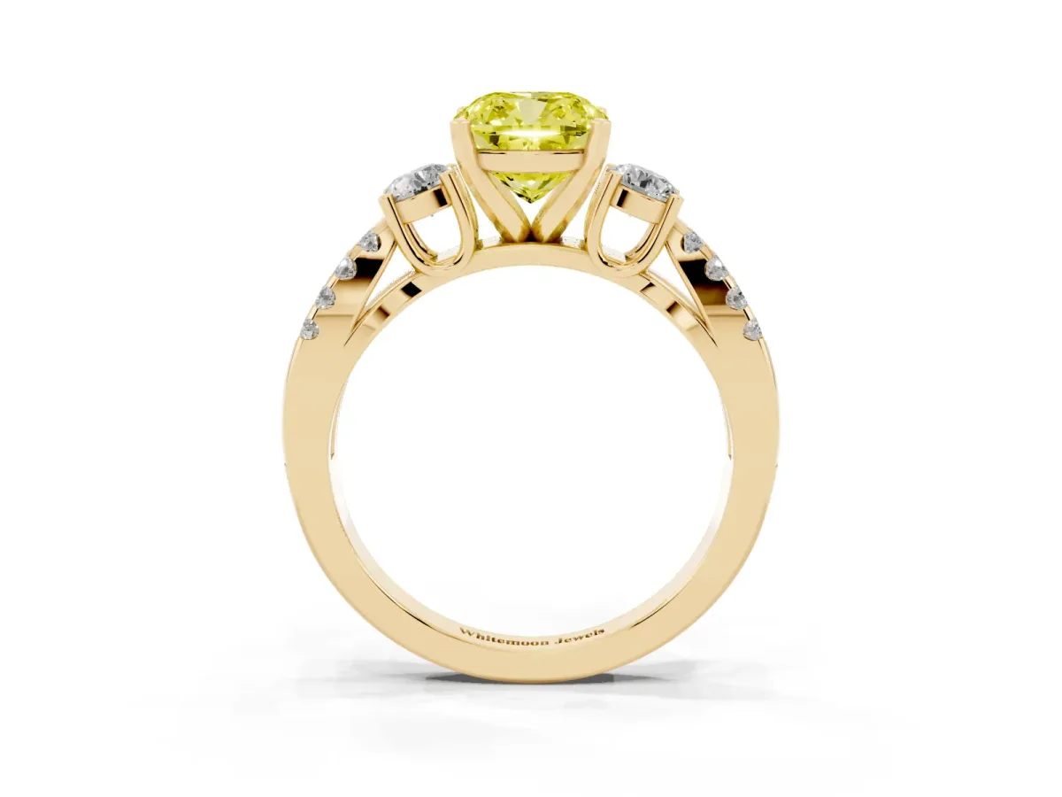 Fancy Yellow Cushion Cut Diamond Three-Stone Ring with Pavé Split Shank and Four-Prong Setting Yellow gold