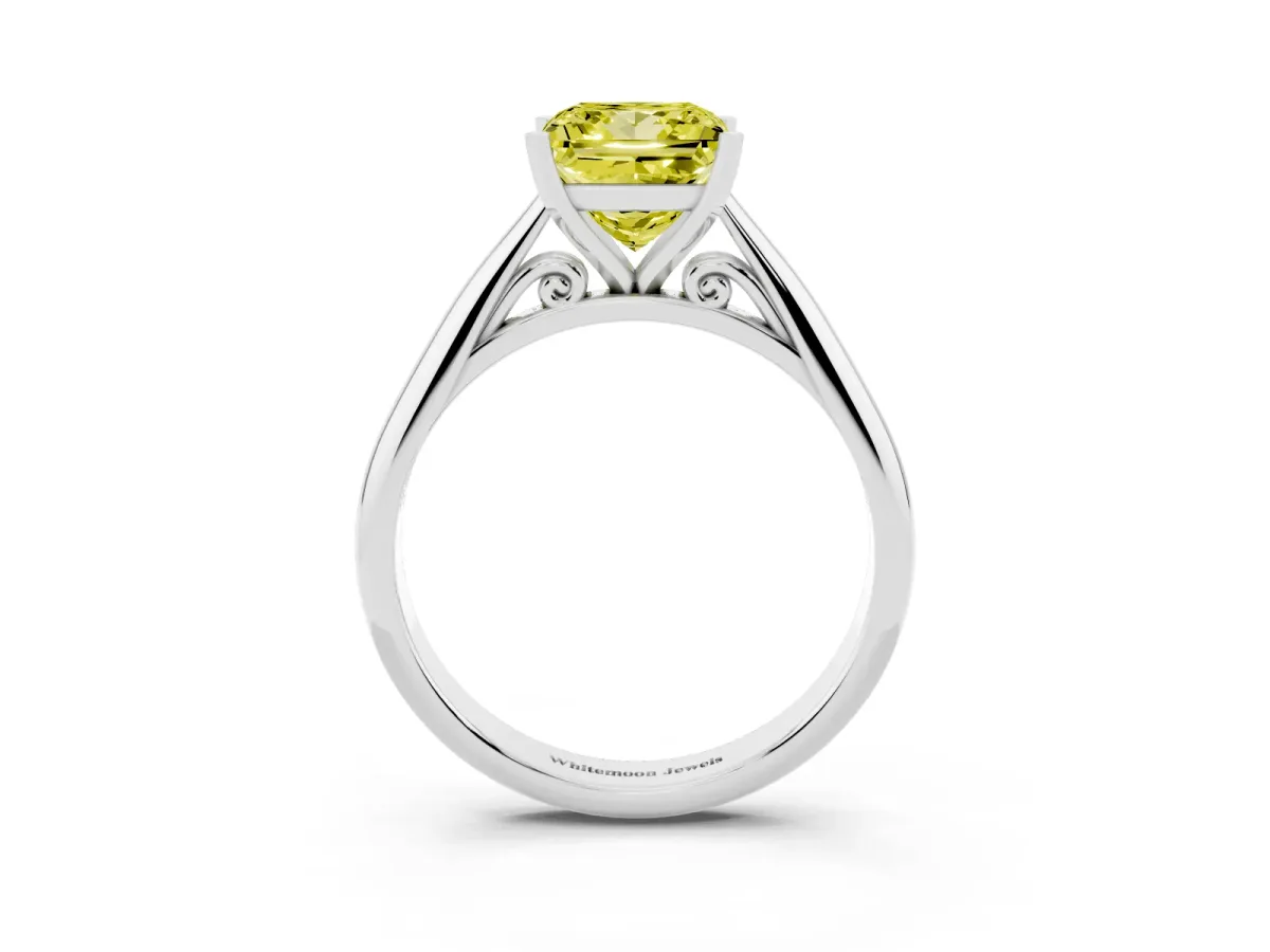 Fancy Yellow Princess Cut Diamond Solitaire Engagement Ring with Cathedral Setting and Four-Prong Mount Silver