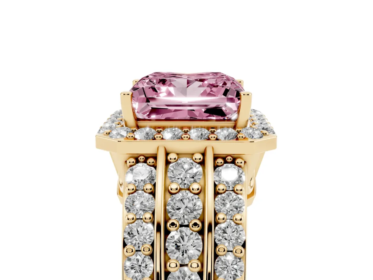 Fancy Pink Princess Cut Halo Diamond Ring with Round Split Shank and Prong Setting Yellow gold