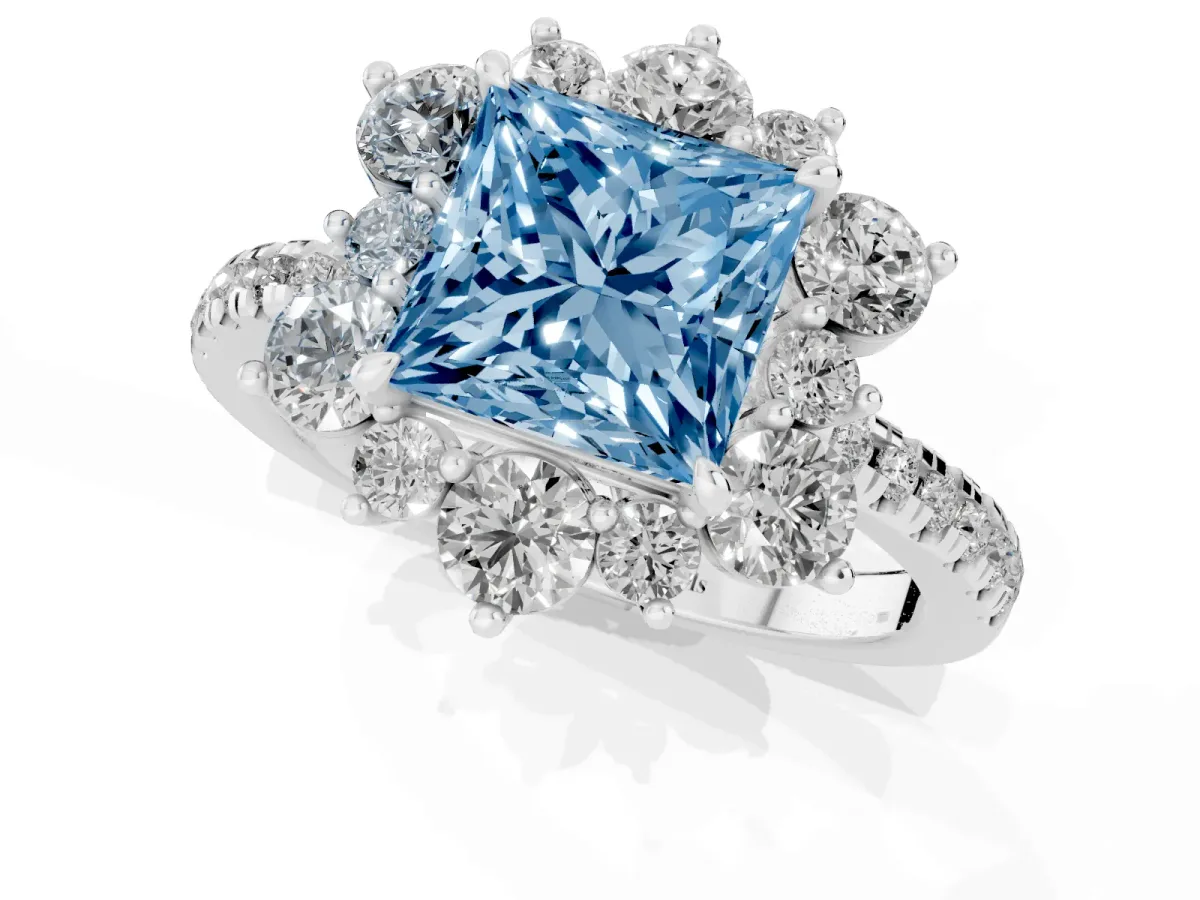 Fancy Blue Princess Cut Diamond Floral Halo Ring with Round Pavé Band and Prong Setting White gold