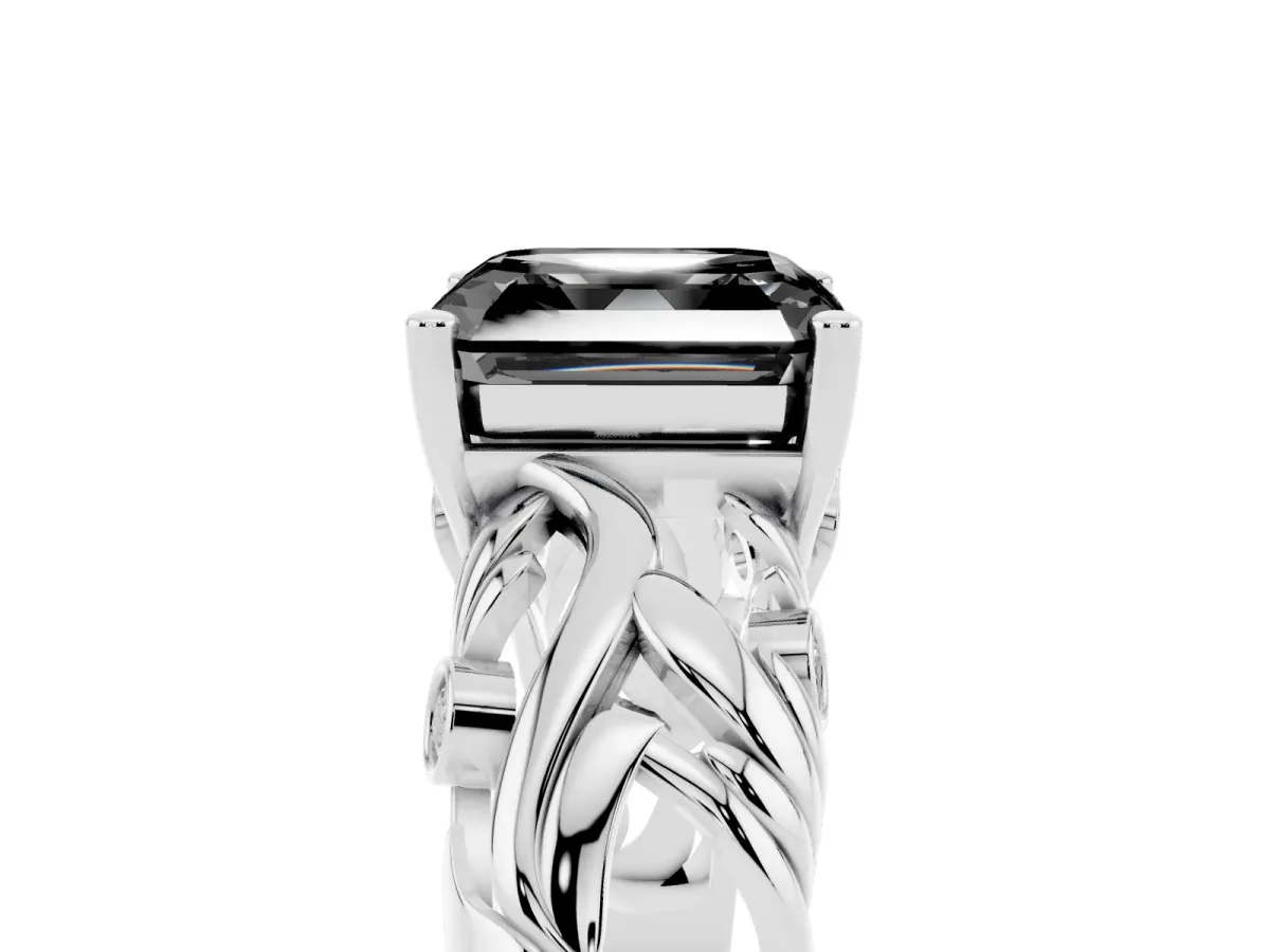 Fancy Black Asscher Cut Solitaire Diamond Leaf-Inspired Vine Band Ring with Prong Setting Silver