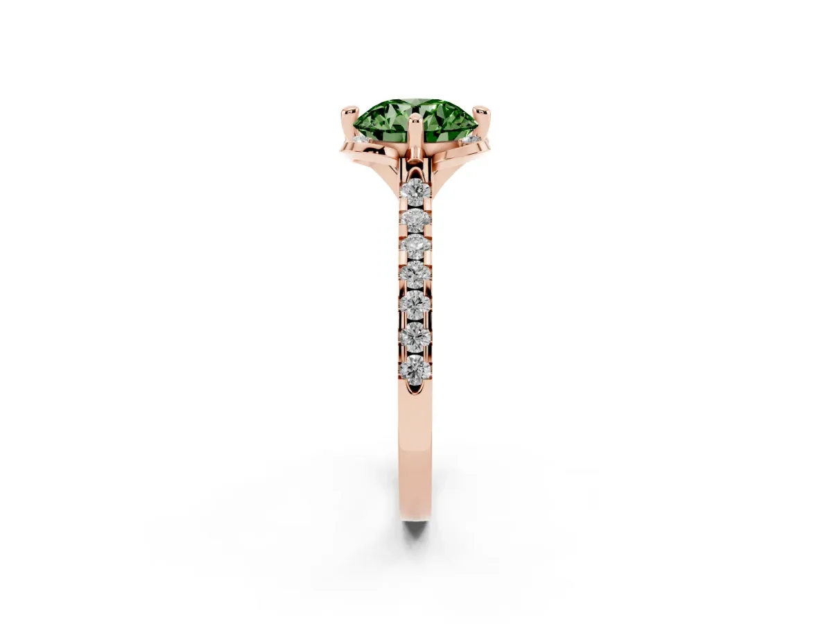 Fancy Green Round Cut Diamond Ring with Pavé Band and Floral Prong Setting Rose gold