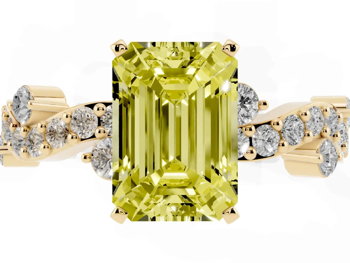 Fancy Yellow Emerald Cut Cut Solitaire Diamond Twisted Band with Pave Setting Yellow gold