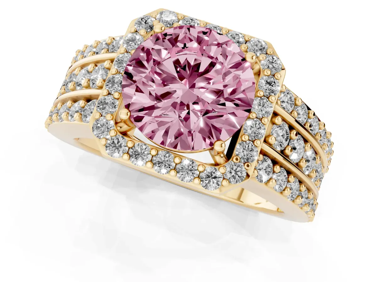 Fancy Pink Round Cut Halo Diamond Ring with Round Split Shank and Prong Setting Yellow gold