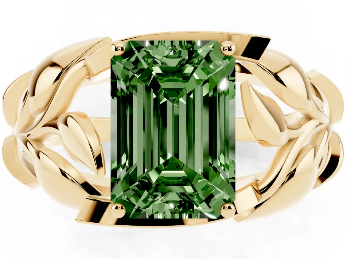 Fancy Green Emerald Cut Diamond Leaf-Inspired Engagement Ring with Round Accents and Prong Setting Yellow gold
