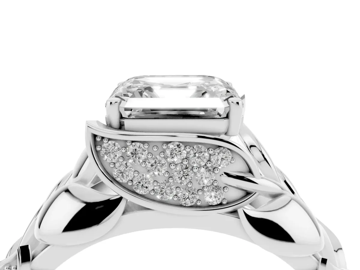 Asscher Cut Diamond Leaf-Inspired Engagement Ring with Round Accents and Prong Setting Silver