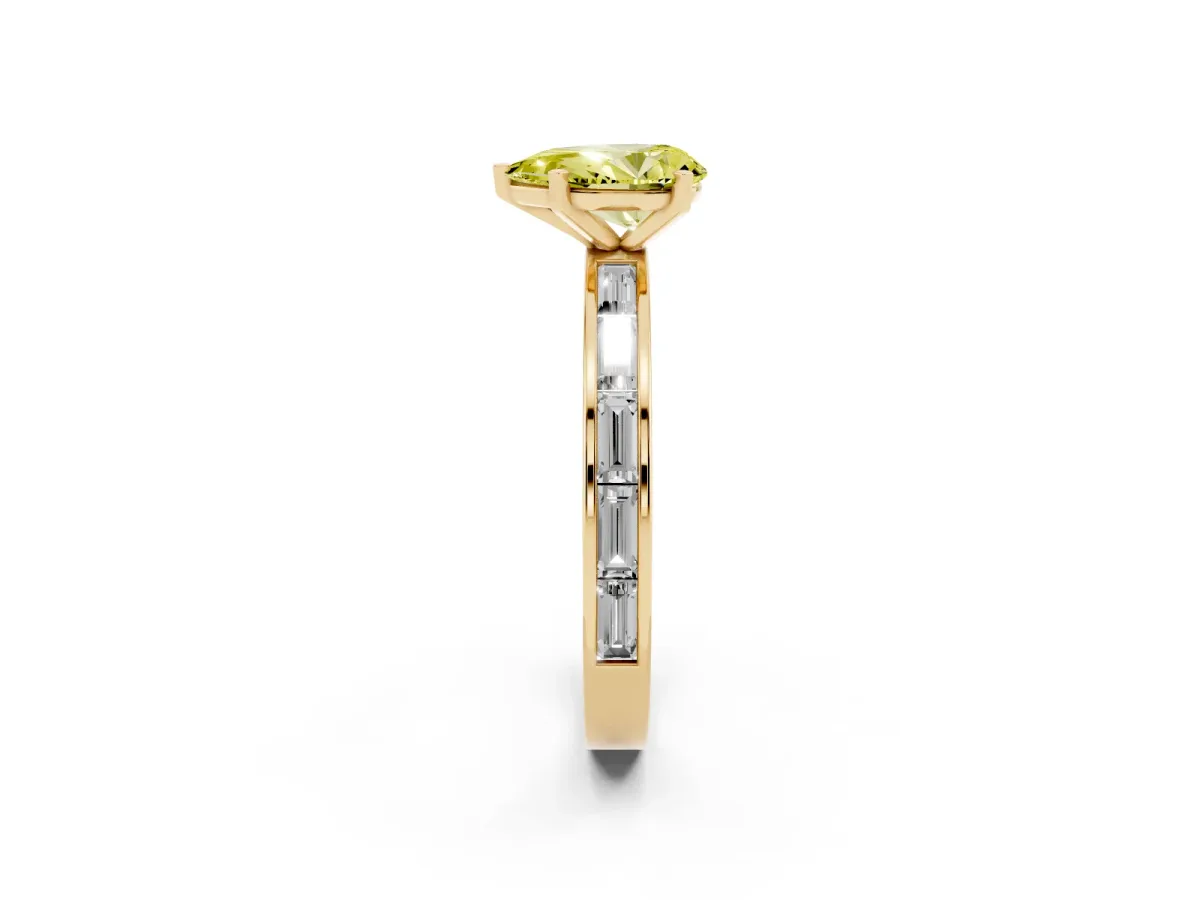 Fancy Yellow Pear Cut Solitaire Diamond Ring with Channel-Set Baguette Band and Four-Prong Setting Yellow gold