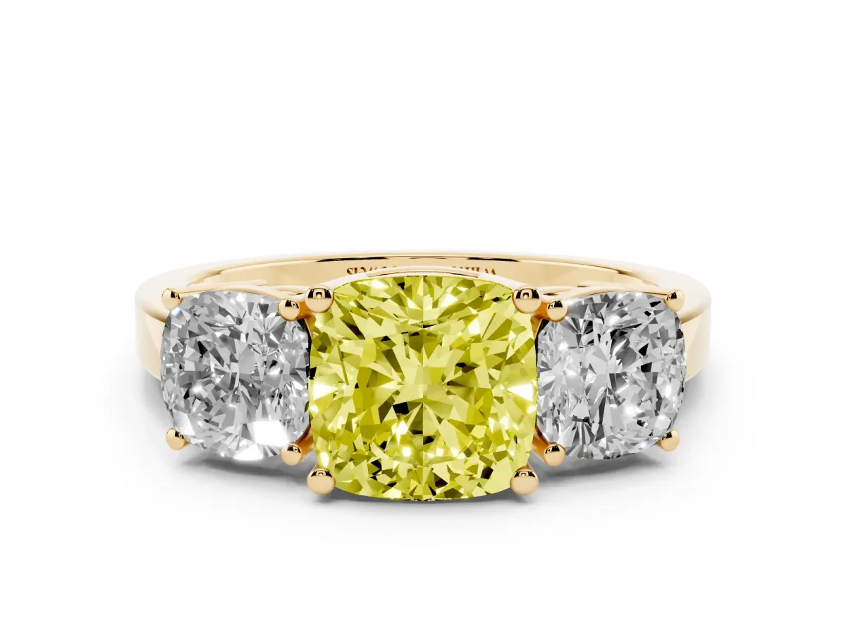 Fancy Yellow Three-Stone Cushion Cut Cut Diamond Engagement Ring with Flat Band and Four-Prong Setting Yellow gold