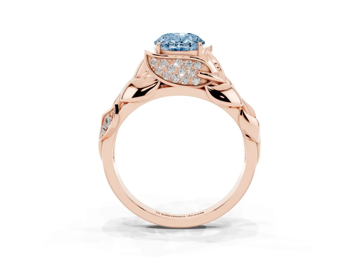 Fancy Blue Oval Cut Diamond Leaf-Inspired Engagement Ring with Round Accents and Prong Setting Rose gold