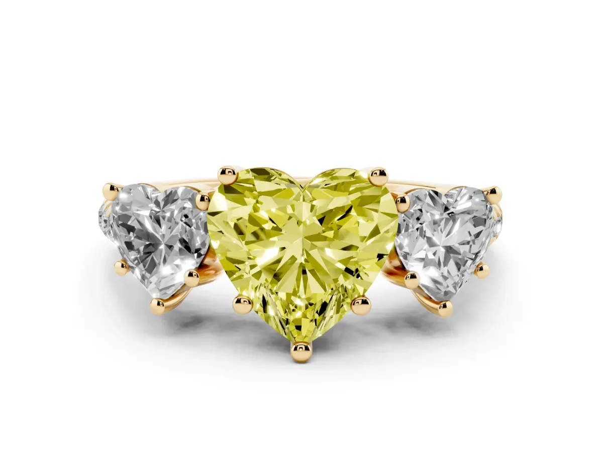 Fancy Yellow Three-Stone Heart Cut Diamond Ring with Round Pavé Band and Prong Setting Yellow gold