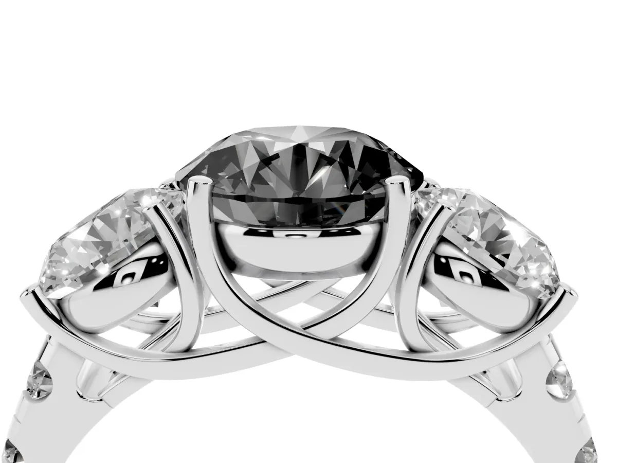 Fancy Black Three-Stone Round Cut Diamond Pavé Band with Prong Setting Silver