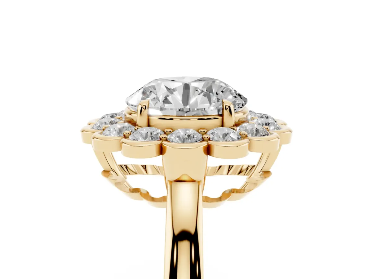 Round Cut Halo Cluster Diamond Engagement Ring with Solitaire Band and Prong Setting Yellow gold