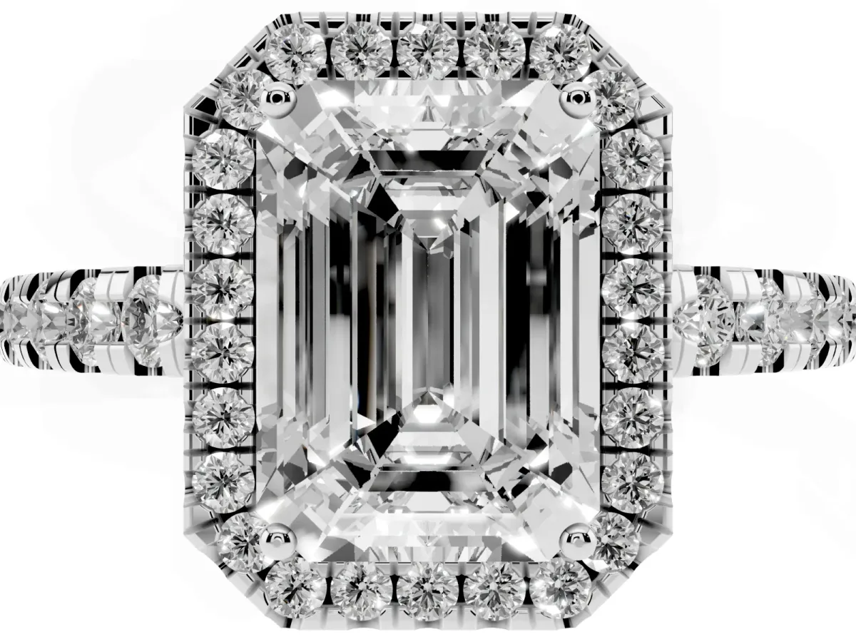 Emerald Cut Diamond Halo Ring with Pavé Band and Four-Prong Setting Silver