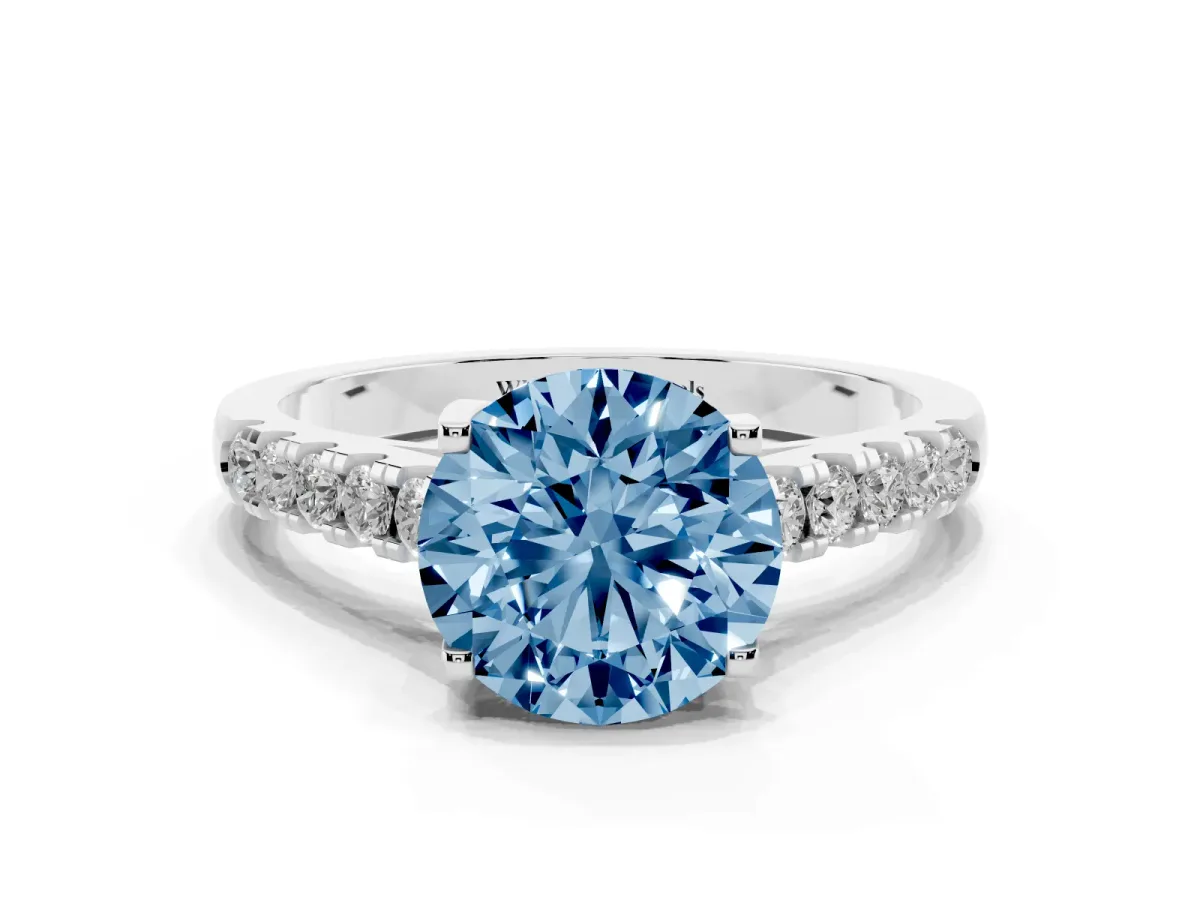 Fancy Blue Round Cut Diamond Pavé Band Solitaire Ring with Prong Setting Platinum