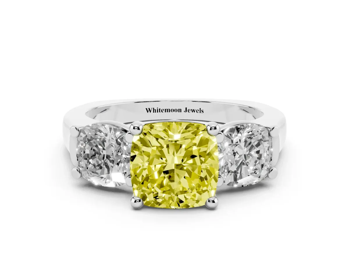 Fancy Yellow Three-Stone Cushion Cut Brilliant Diamond Trellis Ring with Comfort Fit Band White gold