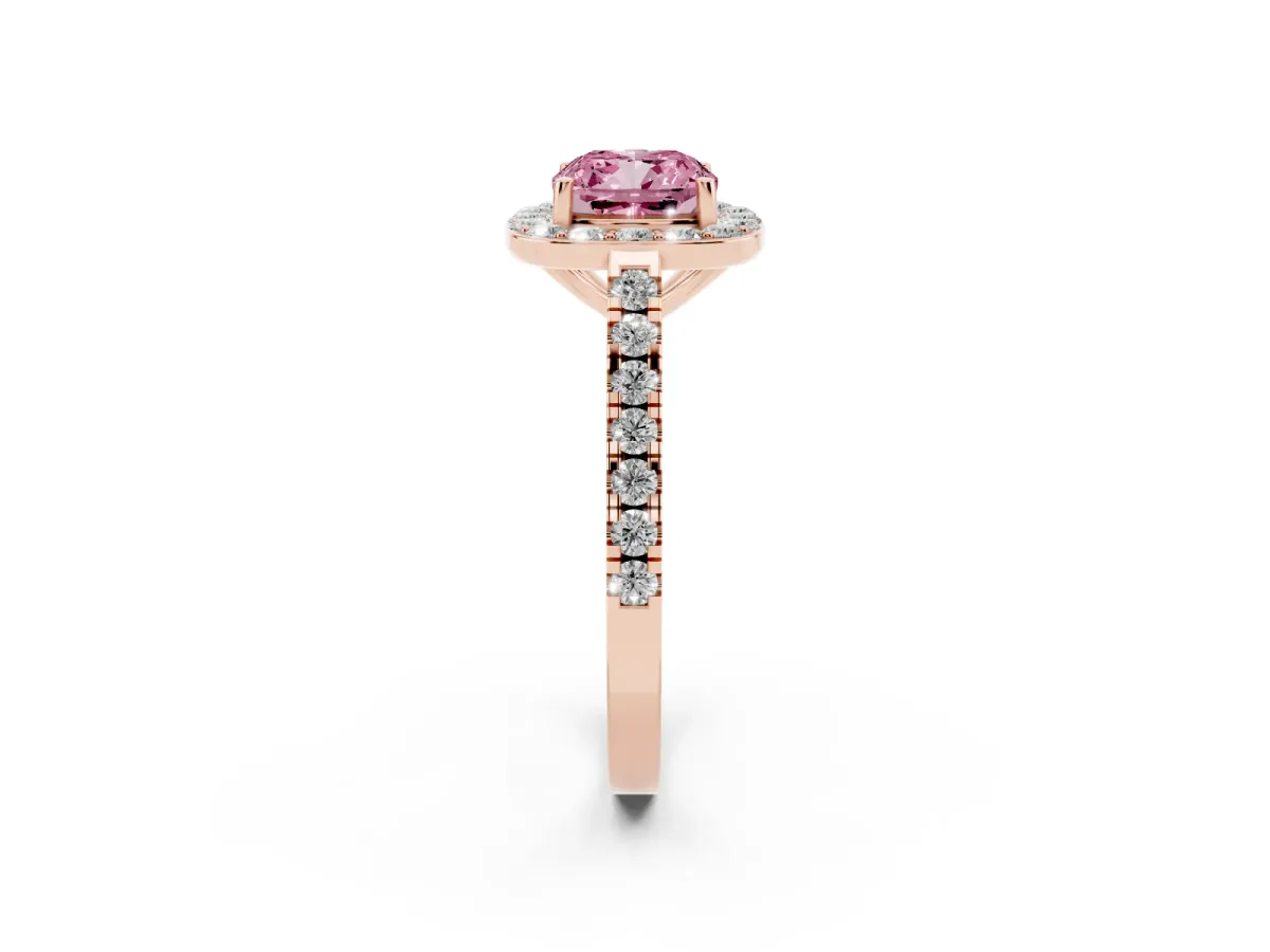 Fancy Pink Cushion Cut Diamond Halo Ring with Round Pavé Split Shank and Prong Setting Rose gold