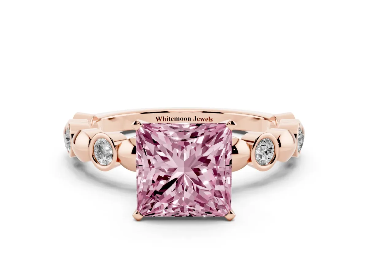 Fancy Pink Princess Cut Solitaire Bezel-Set Diamond Ring with Beaded Band and Four-Prong Setting Rose gold