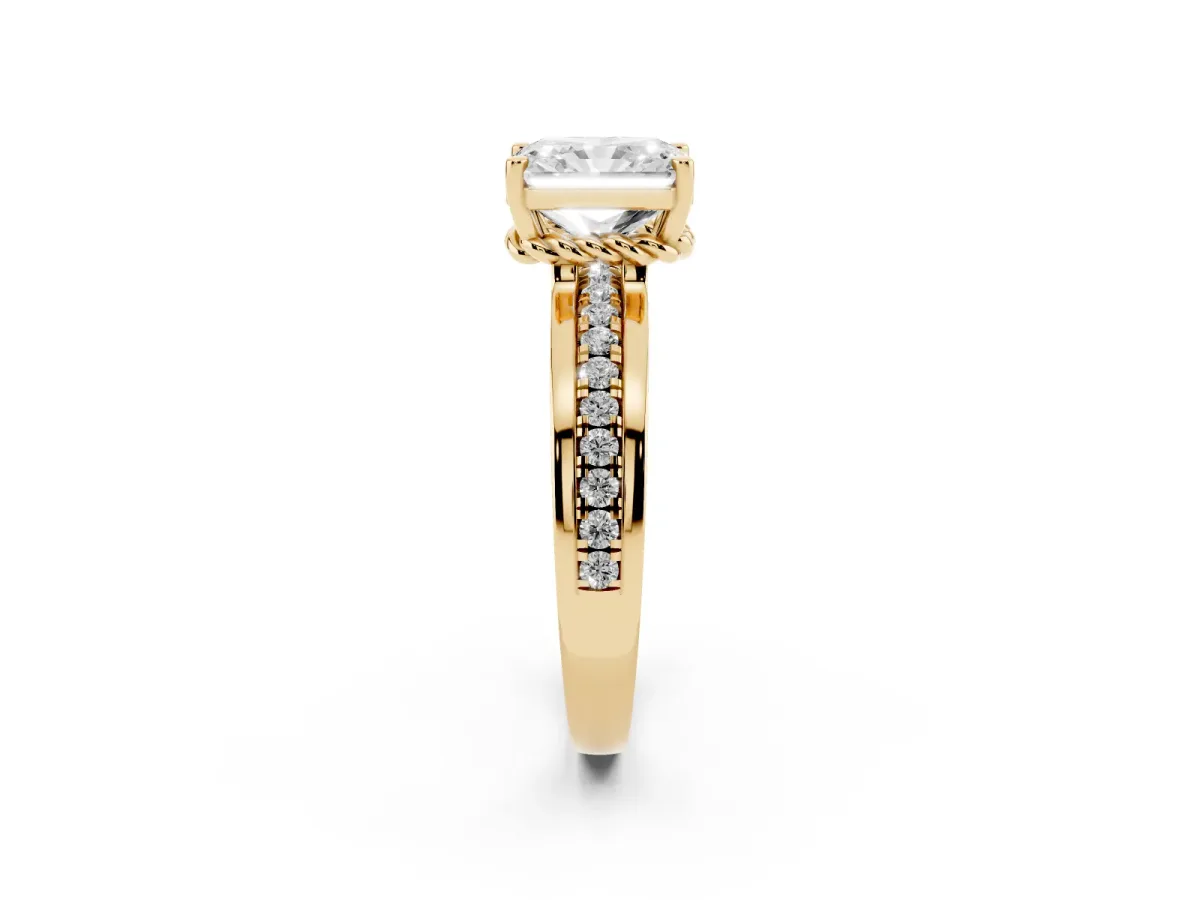 Radiant Cut Solitaire Diamond Ring with Channel Set Band and Six-Prong Setting Yellow gold