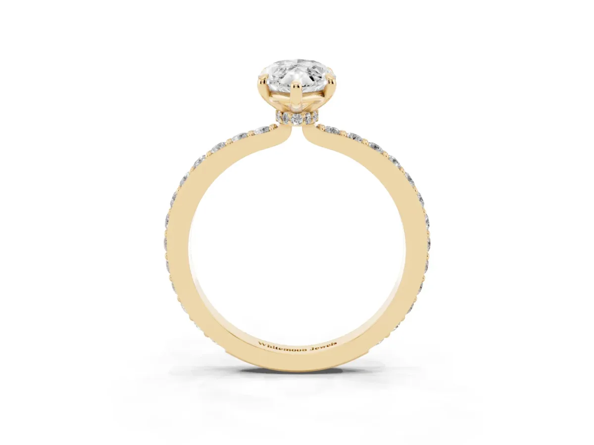 Marquise Cut Diamond Pavé Engagement Ring with Round Accents and Prong Setting Yellow gold