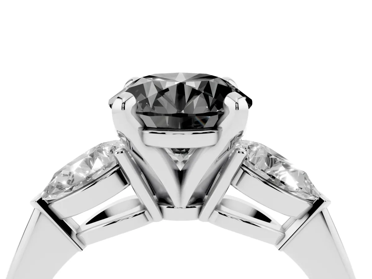 Fancy Black Three-Stone Round Cut Diamond Ring with Pear Side Stones and Four-Prong Setting Silver