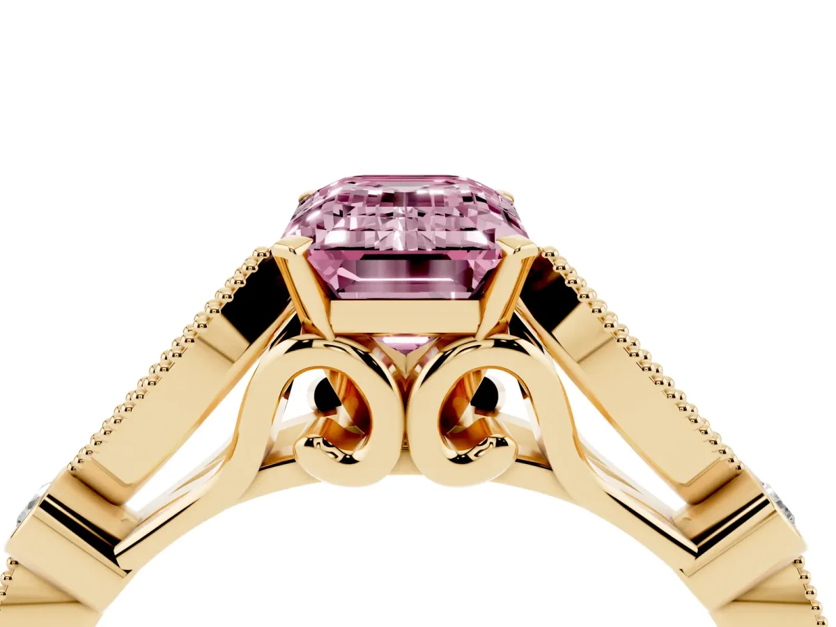 Fancy Pink Emerald Cut Cut Diamond with Milgrain Marquise and Bezel Accents on a Solitaire Band with Prong Setting Yellow gold