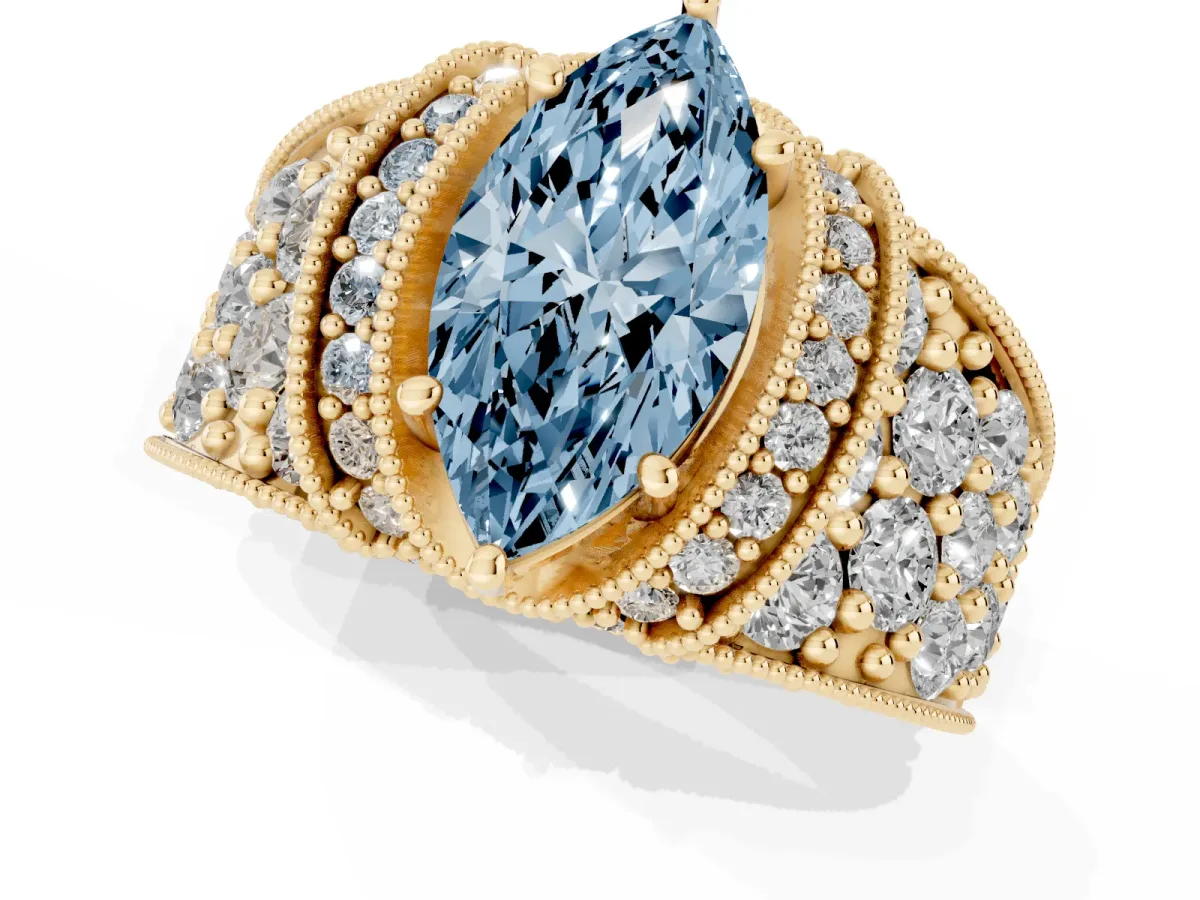 Fancy Blue Marquise Cut Halo Pave Diamond Engagement Ring with Milgrain Detailing Yellow gold