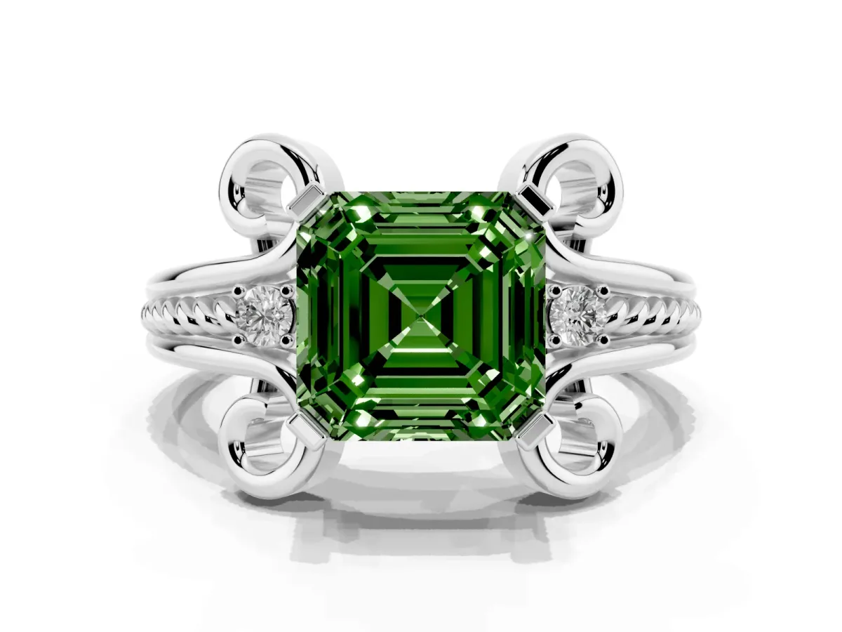 Fancy Green Asscher Cut Solitaire Twisted Band Scroll Prong Ring Silver