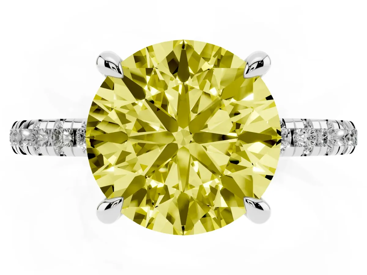 Fancy Yellow Round Cut Diamond Brilliant Solitaire Ring with Pavé Band and Four-Prong Setting White gold