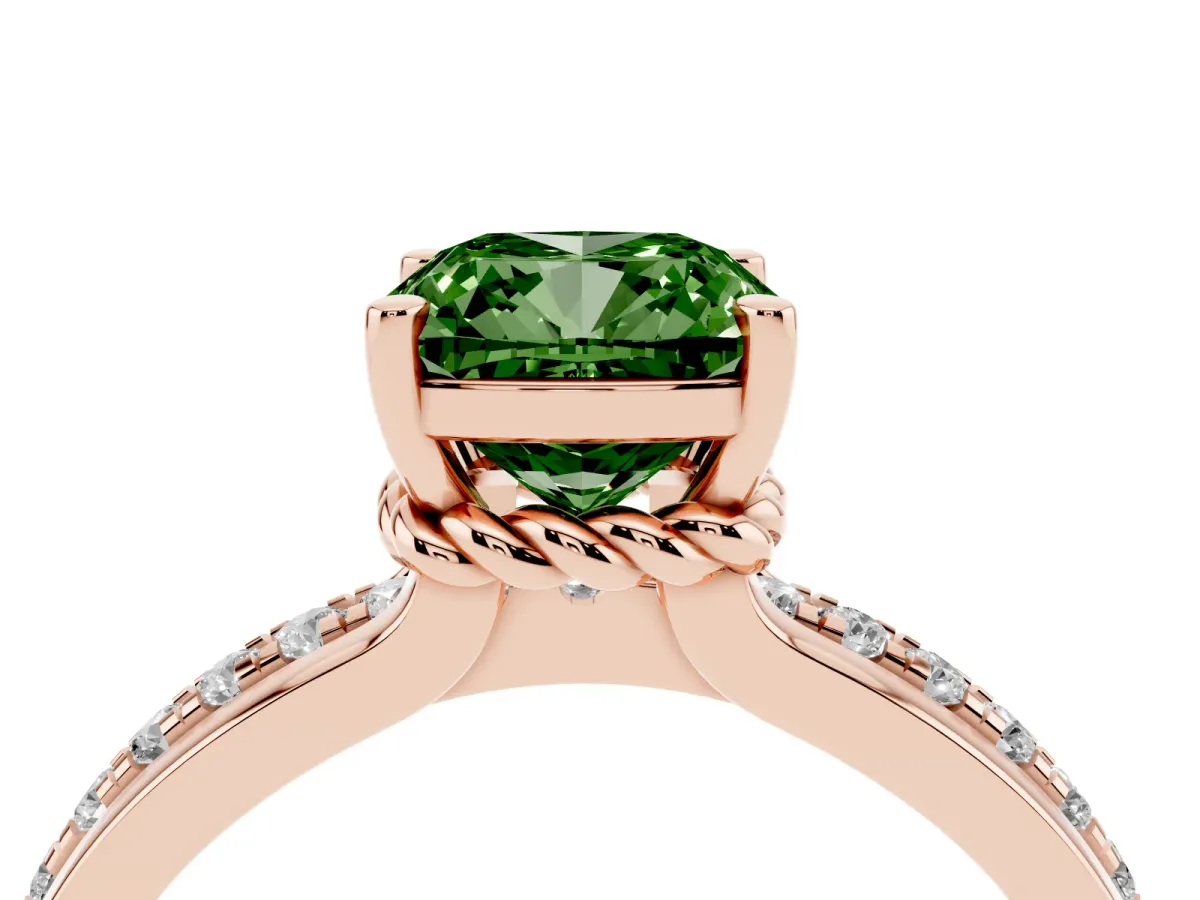 Fancy Green Cushion Cut Solitaire Diamond Ring with Channel Set Band and Six-Prong Setting Rose gold