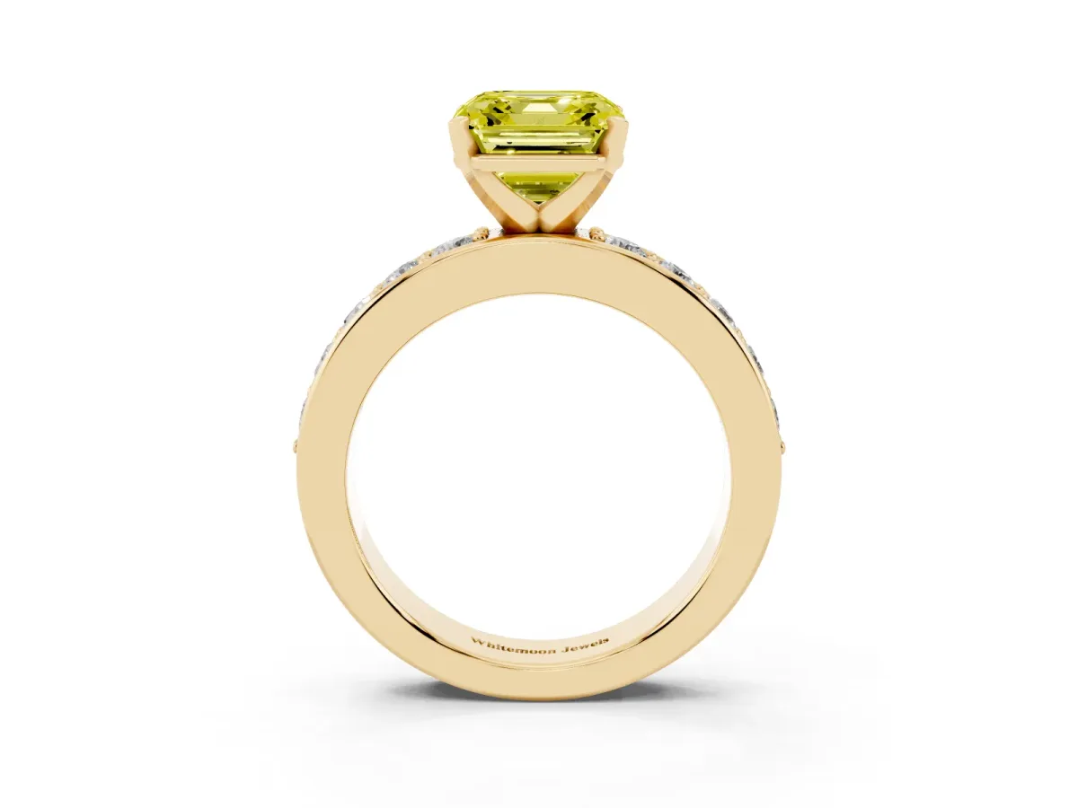 Fancy Yellow Asscher Cut Diamond Engagement Ring with Channel Set Round Band and Prong Setting Yellow gold