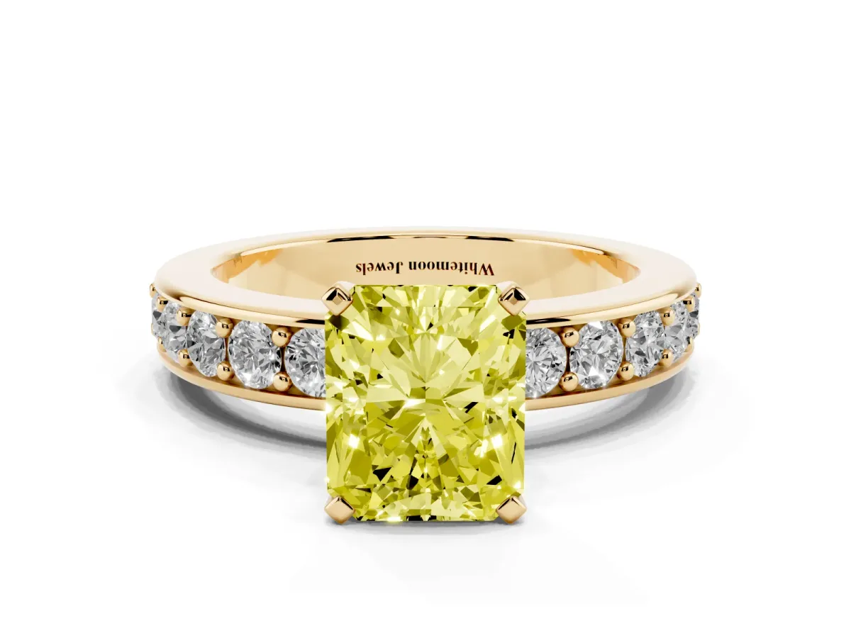Fancy Yellow Radiant Cut Diamond Engagement Ring with Channel Set Round Band and Prong Setting Yellow gold
