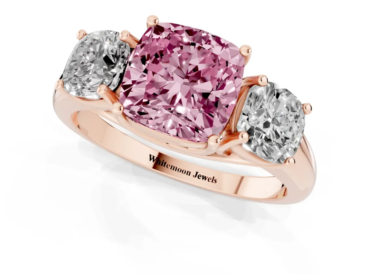 Fancy Pink Three-Stone Cushion Cut Diamond Engagement Ring with Prong Setting Rose gold