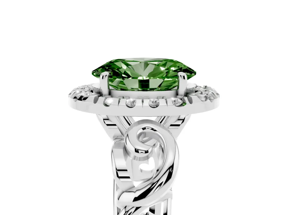 Fancy Green Oval Cut Cut Halo Diamond Ring with Scrollwork Band and Four-Prong Setting Silver