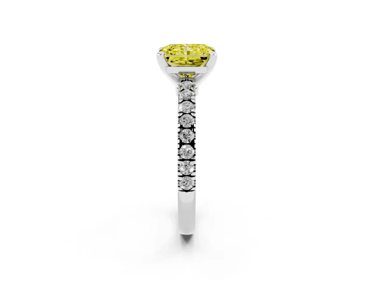 Fancy Yellow Radiant Cut Solitaire Diamond with Pavé Band and Four-Prong Setting White gold