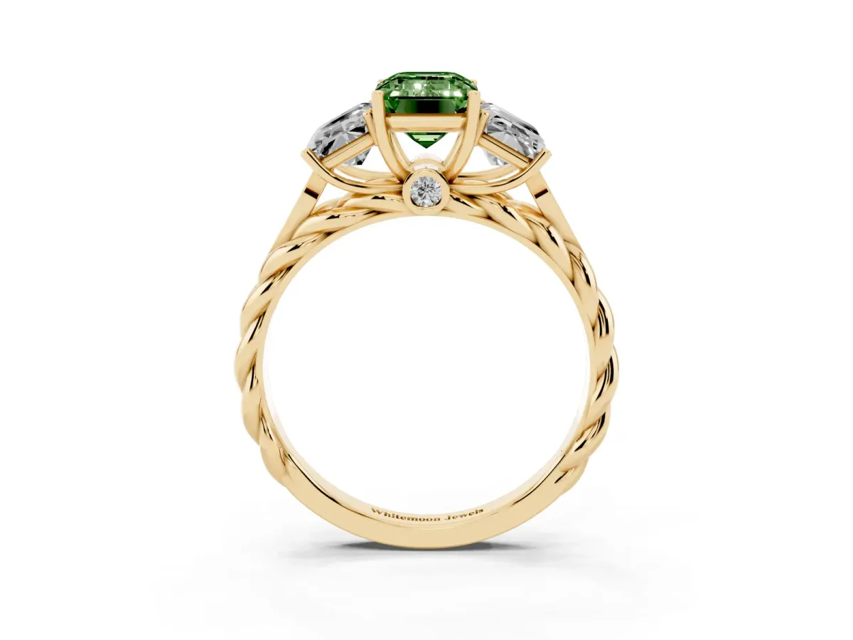 Fancy Green Three-Stone Radiant Cut Diamond Braided Band Ring with Four-Prong Setting Yellow gold